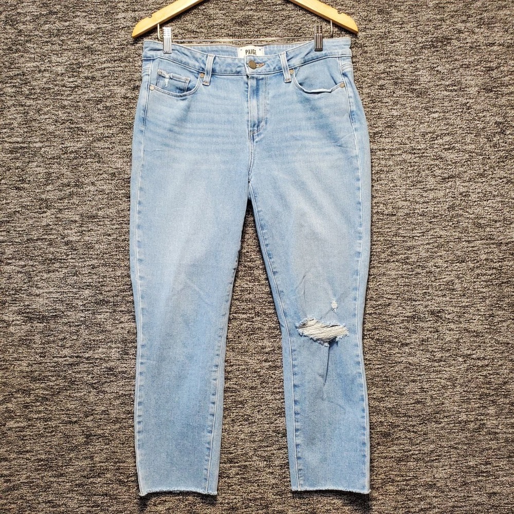 PAIGE Kylie Crop Jeans 31 Light Wash Distressed Raw Hem Clare Destructed